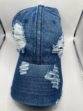 Distressed Denim Baseball Cap - Blue